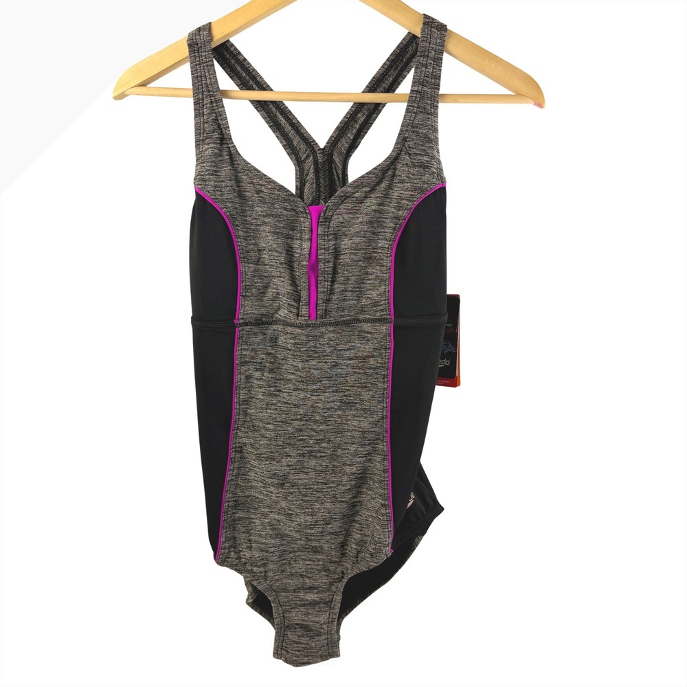 Speedo One Piece Swimsuit Womens 6 Gray Black Pink Racerback Athletic